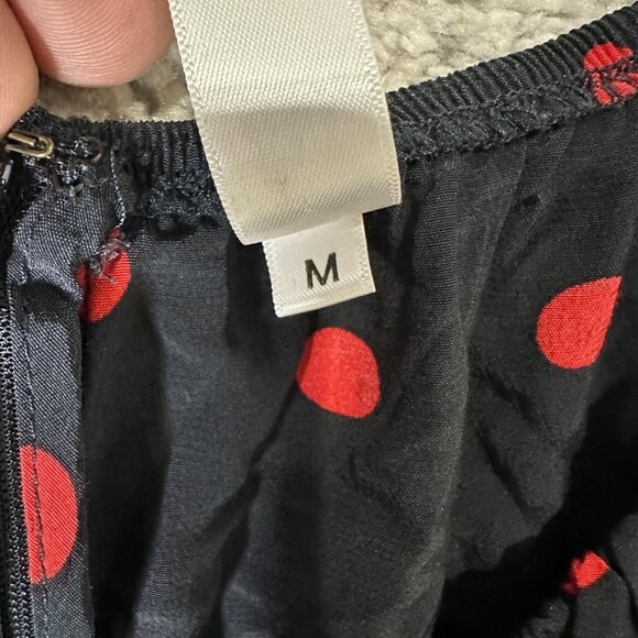 Dress Womens Medium Black Red Polka Dot Off Shoulder Puff Sleeve Ruched Mini - Picture 3 of 7